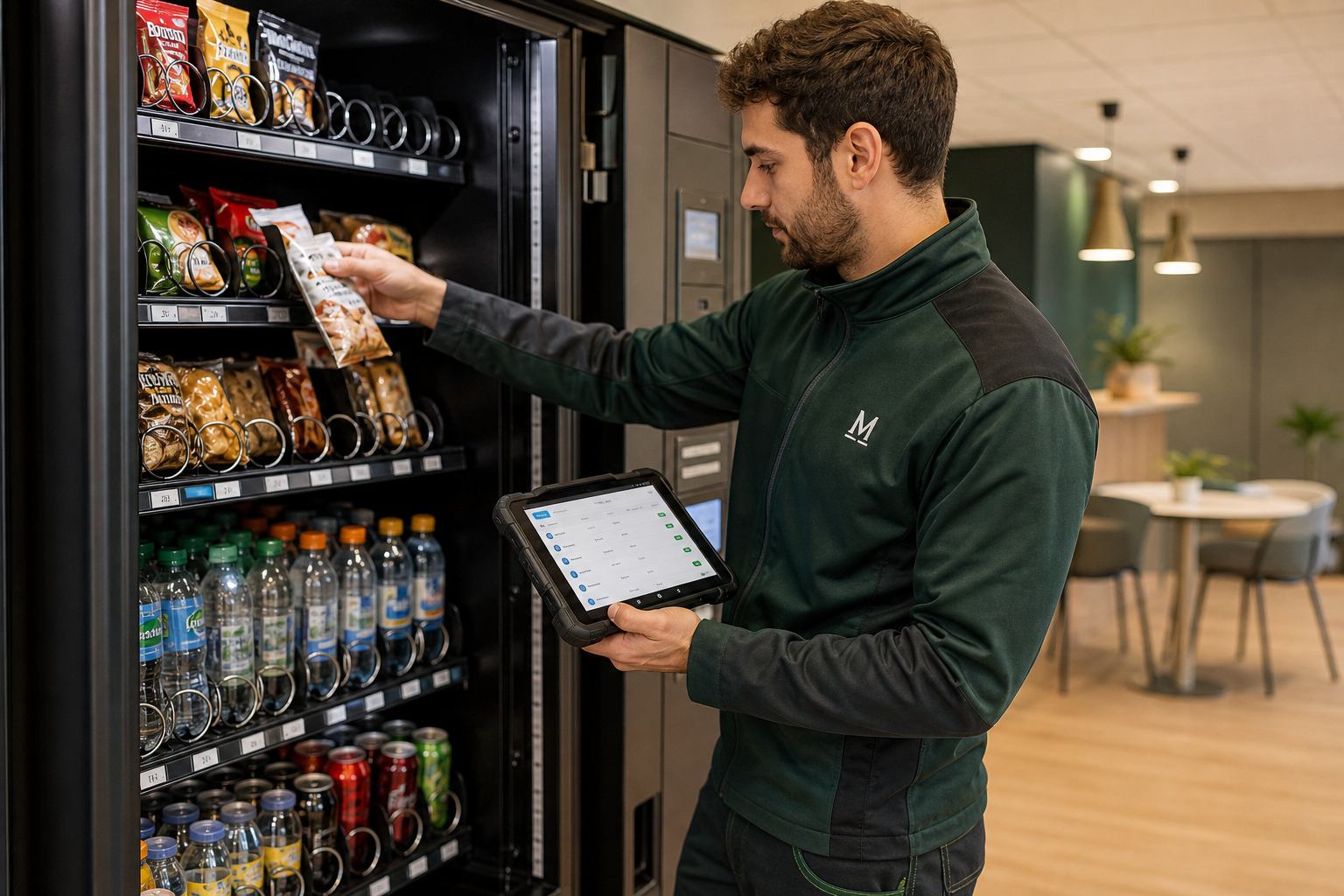 Agent MAURIN réapprovisionnant un distributeur et enregistrant son intervention sur une tablette professionnelle