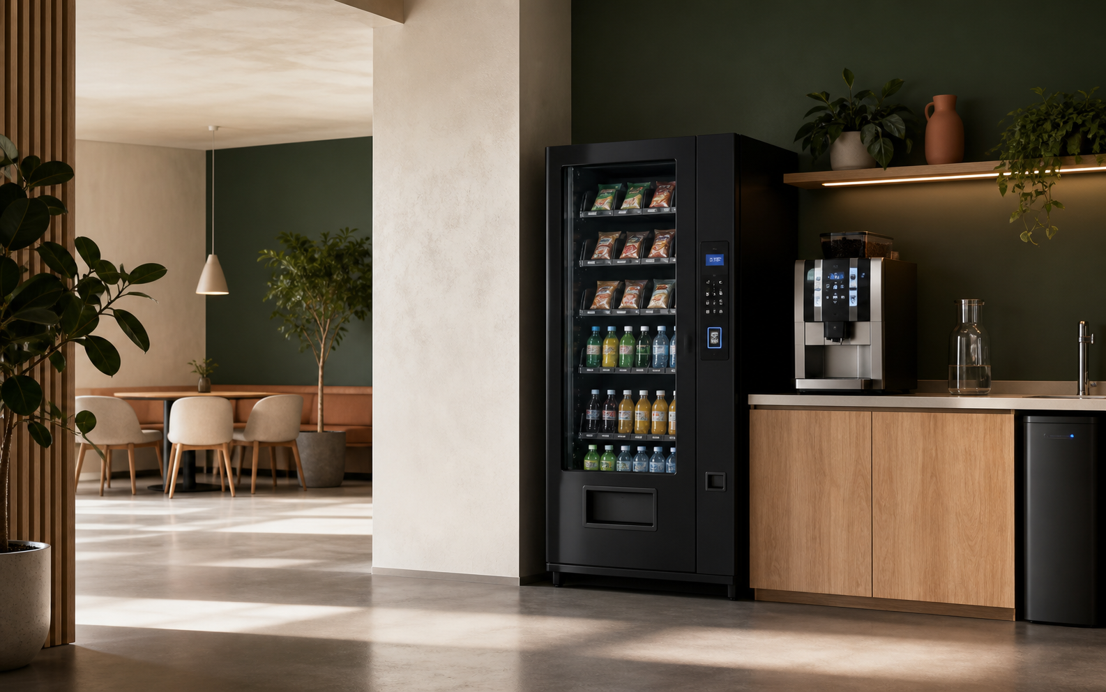 Espace de pause élégant équipé d’un distributeur et d’une machine à café
